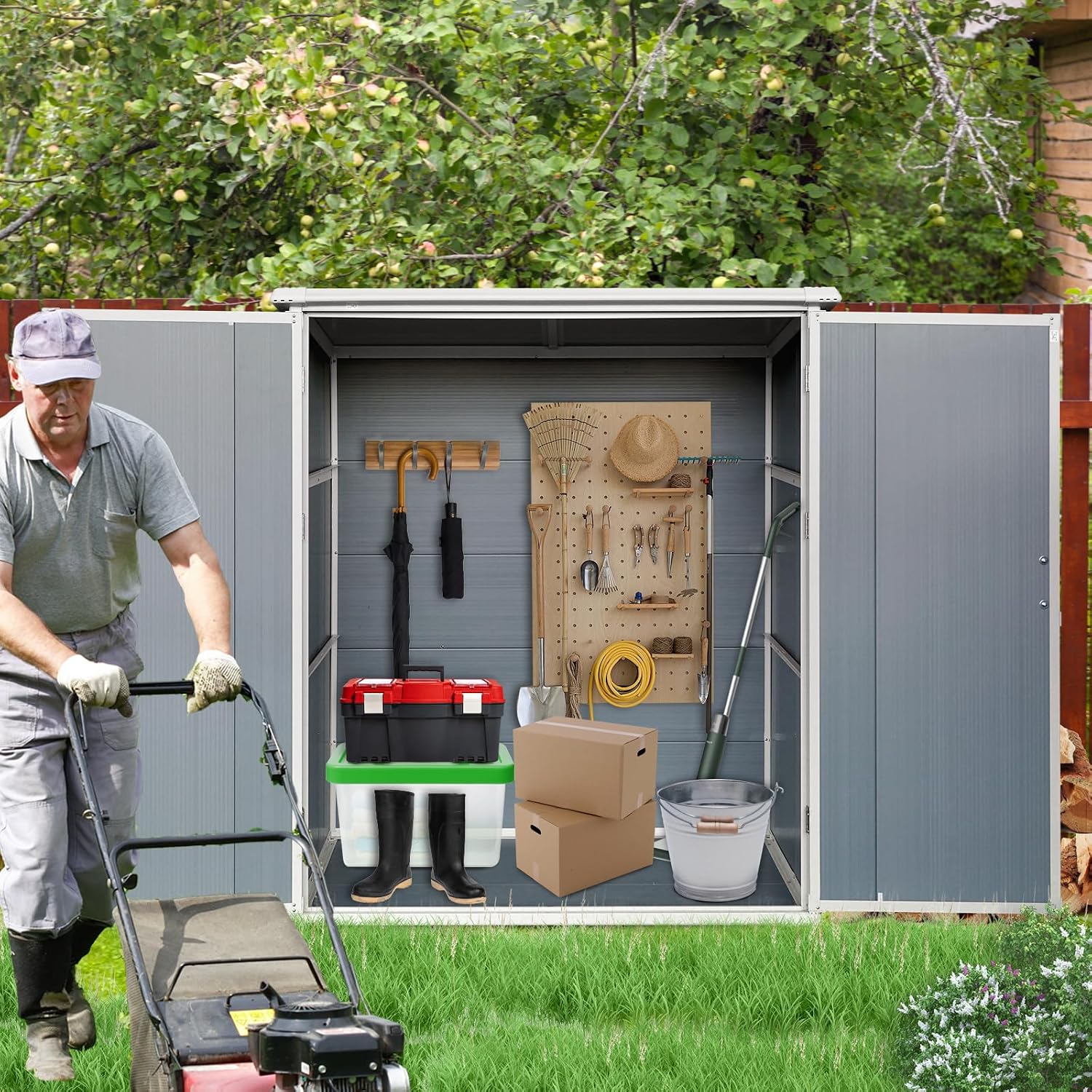 5x3 Resin Outdoor Storage Shed with Floor, Vertical Plastic Storage Cabinet with Lockable Doors, All-Weather Garden Tool Shed for Bikes and Patio Furniture (Grey)