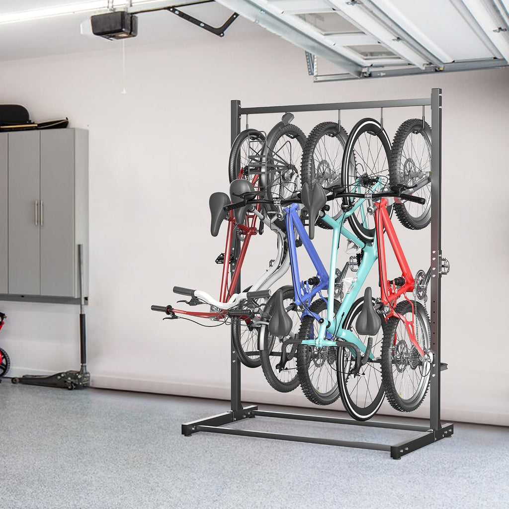 TORACK Garage Freestanding Hanging Bike Stand for Garage, Heavy Duty 5 Bikes Vertical Bike Storage Stand Floor Bike Storage Rack