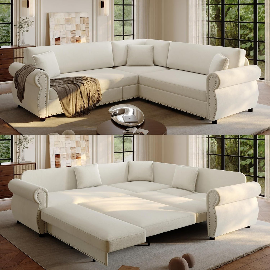 88.2'' Pull Out Couch Bed King, L Shaped Convertible Sleeper Sofa, 4-seater Couches with Rivet Armrests, 3 Pillows, Chenille Upholstery, Futon Sofa Bed for Living Room, Apartment, Office, Beige
