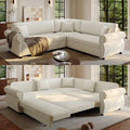 88.2'' Pull Out Couch Bed King, L Shaped Convertible Sleeper Sofa, 4-seater Couches with Rivet Armrests, 3 Pillows, Chenille Upholstery, Futon Sofa Bed for Living Room, Apartment, Office, Beige