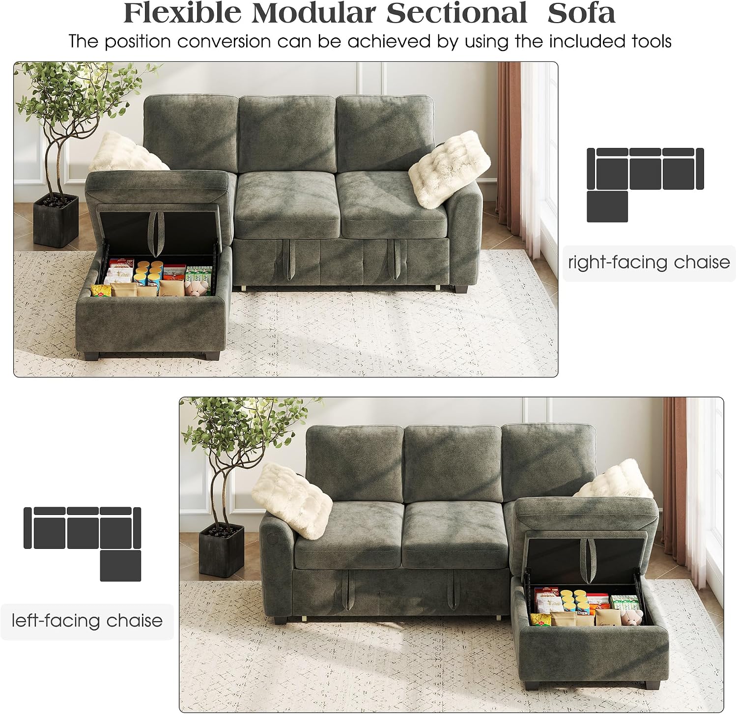 Ihanherry Modular Convertible Sectional Sofa Bed, Reversible Chaise & Storage Ottoman, 3-Seater Pull Out Sleeper with USB Ports & Chenille Fabric, for Small Space, Living Room, Apartment（Gray）