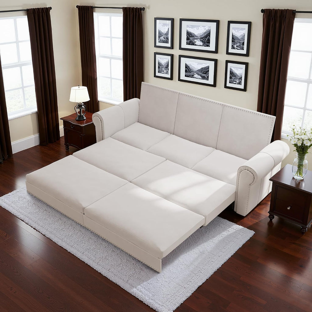 Casaphoria 93.7 Inch Pull Out Sleeper Sofa Beds, 3 in 1 Velvet Convertible Sofa Bed Couch, Vintage Loveseat Sofa Couch Bed for Apartment, Bedroom, Living Room, King Size White