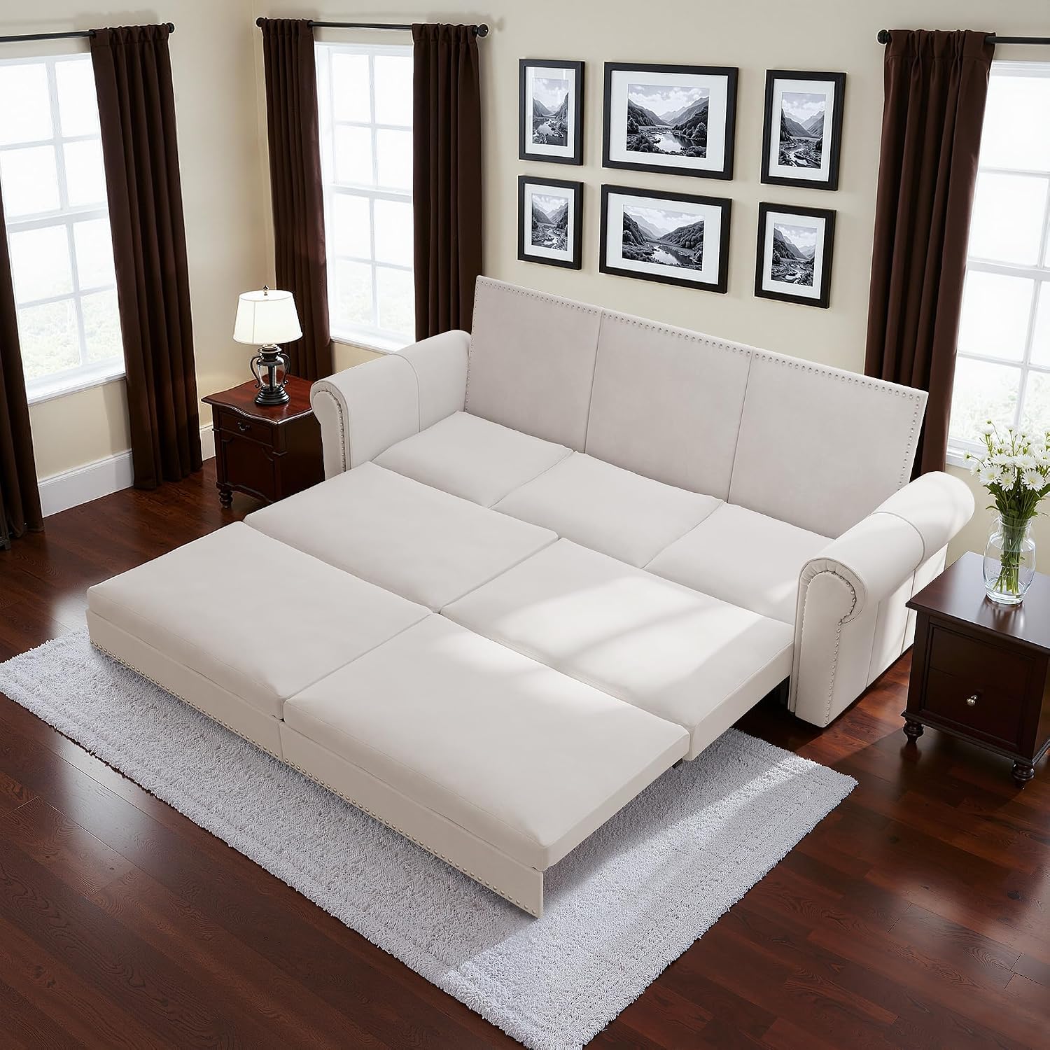 Casaphoria 93.7 Inch Pull Out Sleeper Sofa Beds, 3 in 1 Velvet Convertible Sofa Bed Couch, Vintage Loveseat Sofa Couch Bed for Apartment, Bedroom, Living Room, King Size White