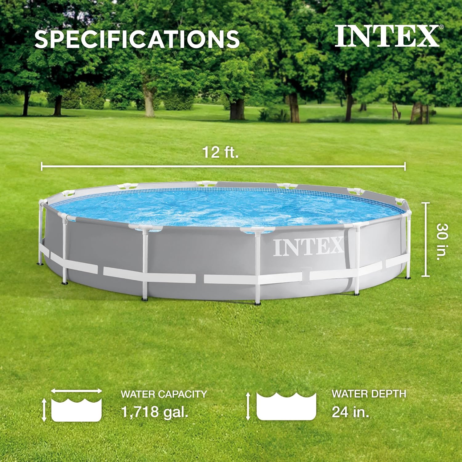 Intex Prism Frame 12 Foot x 30 Inch Round Above Ground Outdoor Swimming Pool Set for Backyards with 530 GPH Filter Pump and Steel Frame Pool Ladder