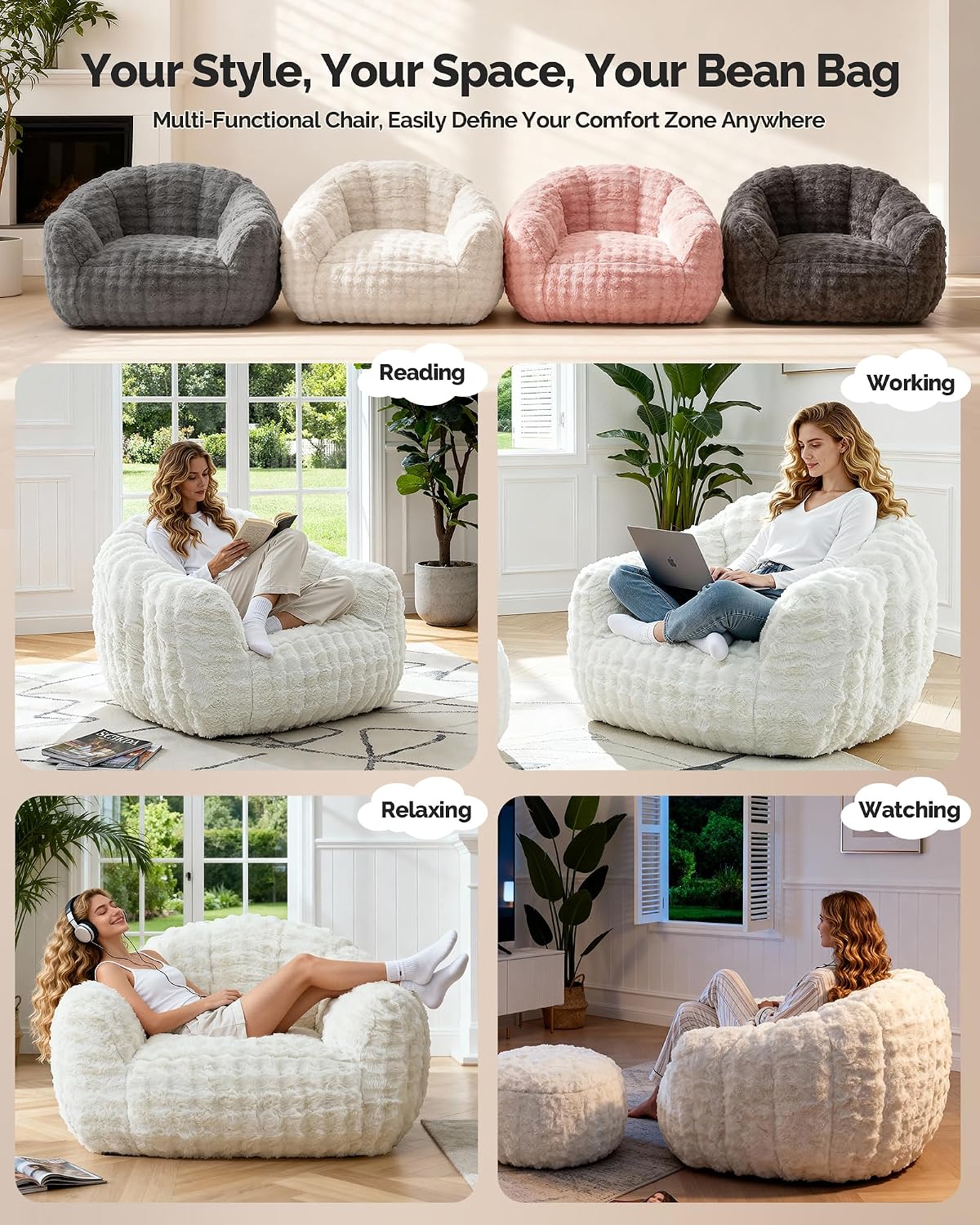 KINGYES Giant Bean Bag Chair, Fluffy Bean Bag Chair with Armrest, Memory Foam Beanbag for Adults, Beige(Pillow not Included)