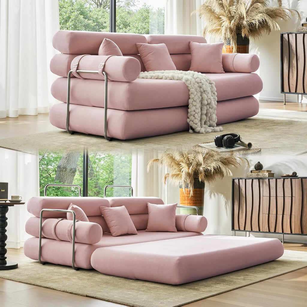 YINIX Convertible Sleeper Sofa - 35'' High-Back Floor Couch Bed - Folding Sofa Bed with Rounded Arm Supports - Floor Sofa Lounge Sofa Bed for Living Room - Pink
