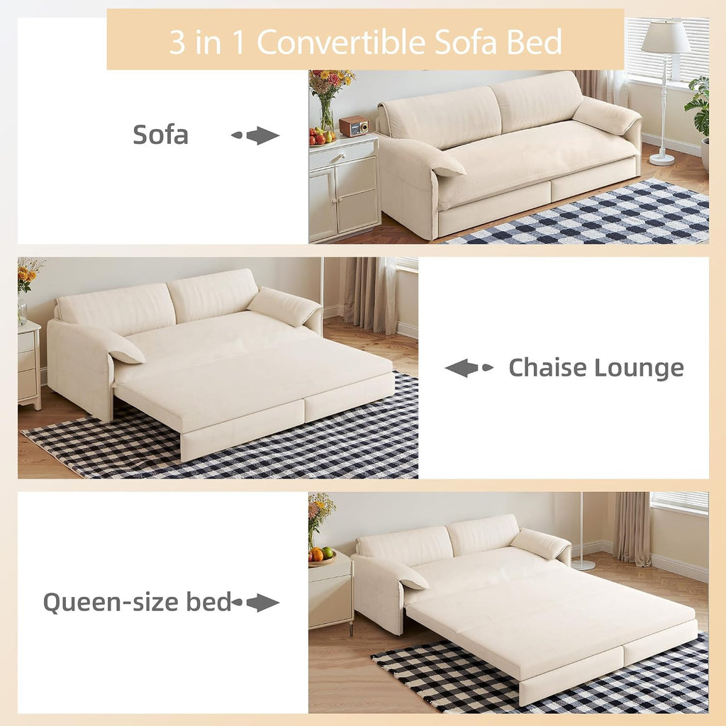 Casaphoria 66 Inch Pull Out Sleeper Sofa Beds, 3 in 1 Velvet Convertible Sofa Bed Couch, Loveseat Sofa Couch Bed with Side Pockets for Apartment, Bedroom, Living Room, Queen Size Beige