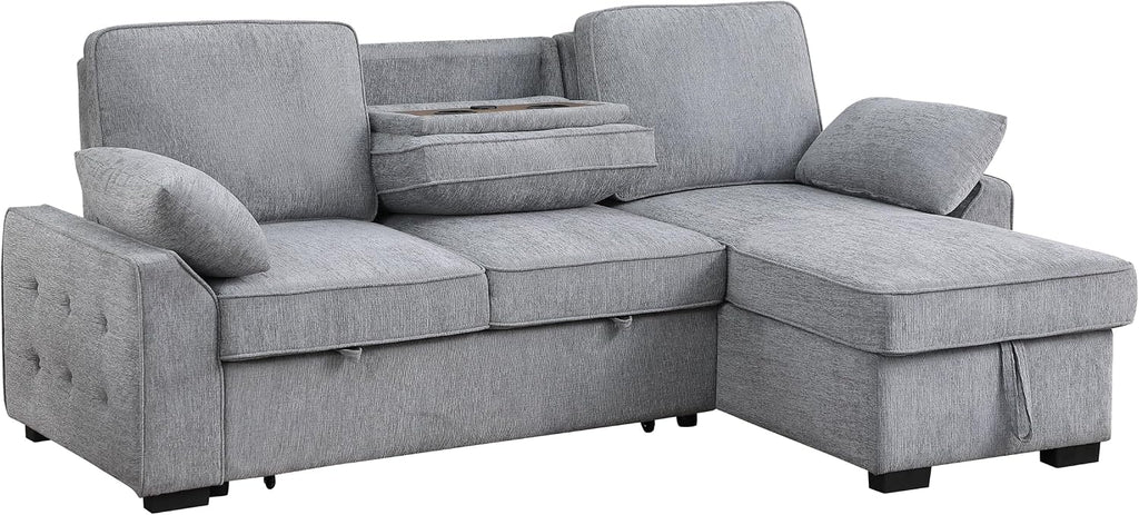 ERYE L-Shaped Pull Out Sleeper Couch Bed, Modern Chenille Upholstered Button Tufted Corner Couch Reversible Sectional Sleeper Sofa Bed W/Storage Chaise, Cup Holders