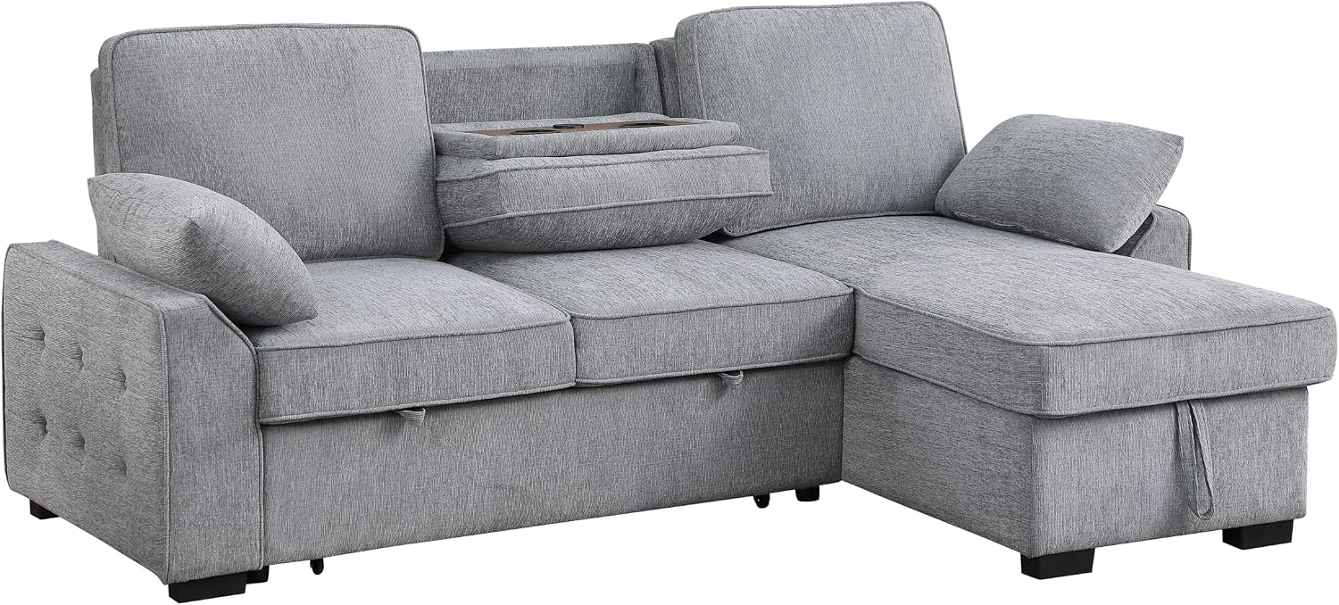 ERYE L-Shaped Pull Out Sleeper Couch Bed, Modern Chenille Upholstered Button Tufted Corner Couch Reversible Sectional Sleeper Sofa Bed W/Storage Chaise, Cup Holders