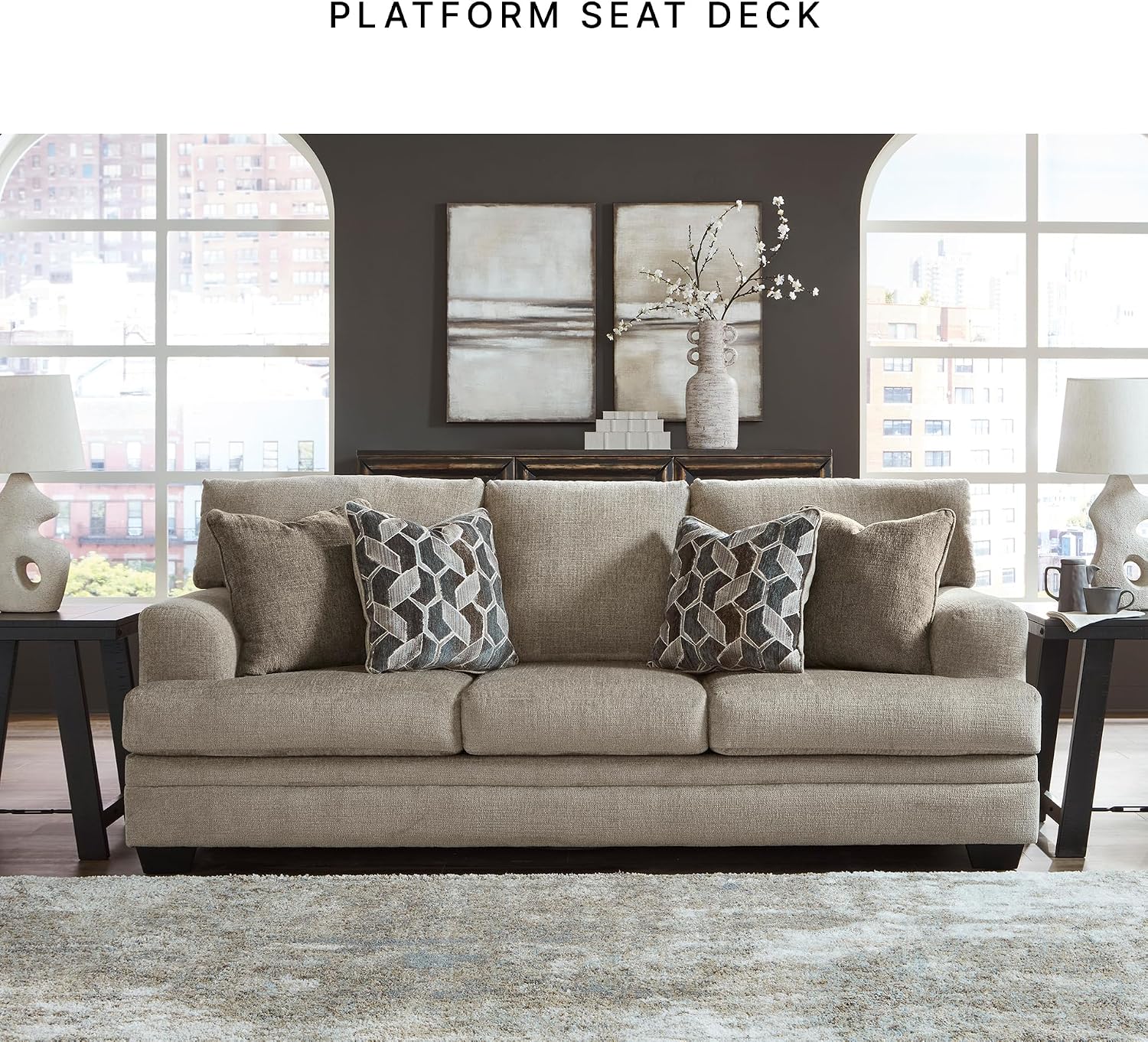 Signature Design by Ashley Stonemeade Casual Sofa with 4 Toss Pillows, Light Brown