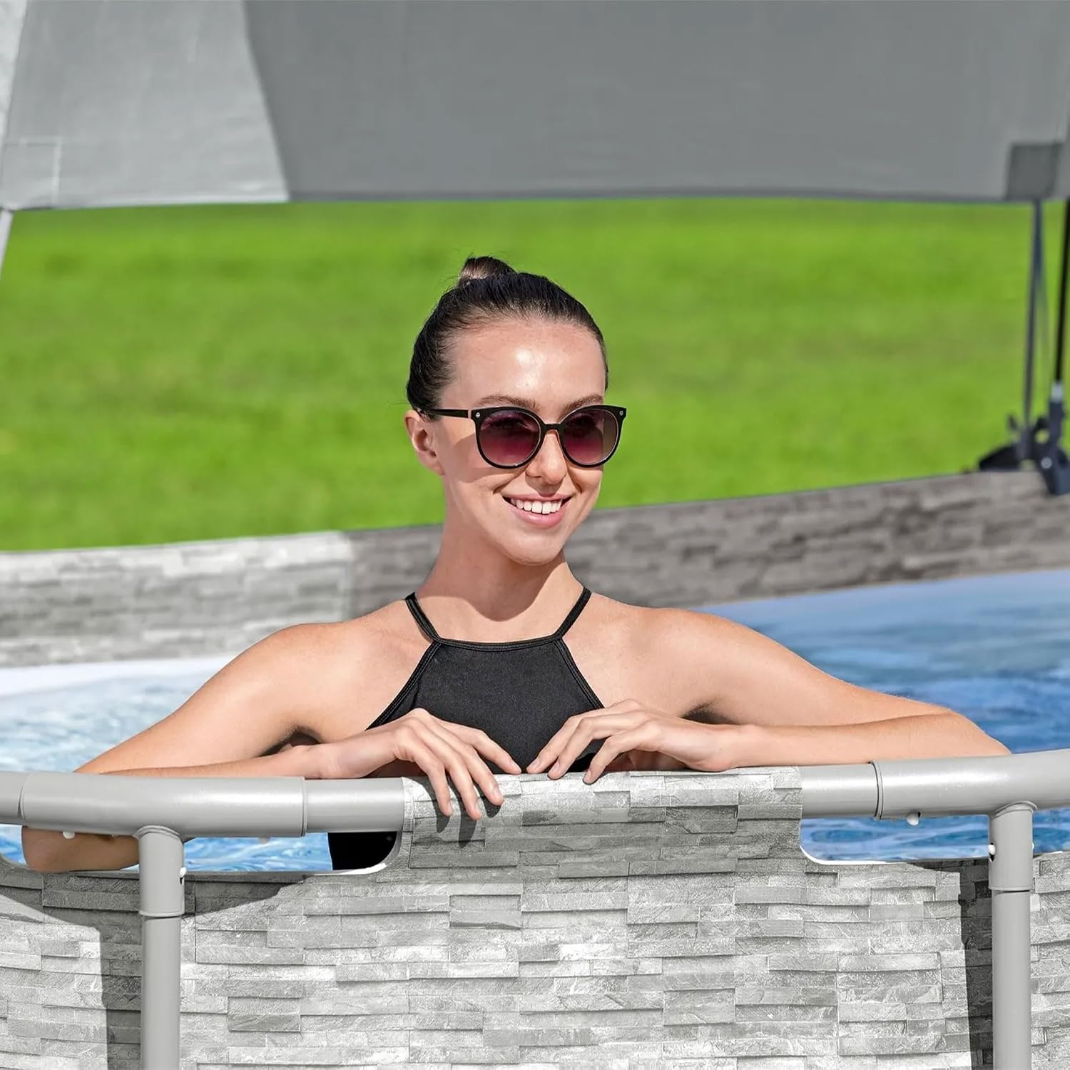 Bestway Flowclear Pool Canopy for 6' 11' to 11' 2' Above Ground Outdoor Oval or Rectangular Swimming Pools with UPF 40 Plus Sun Protection, Gray