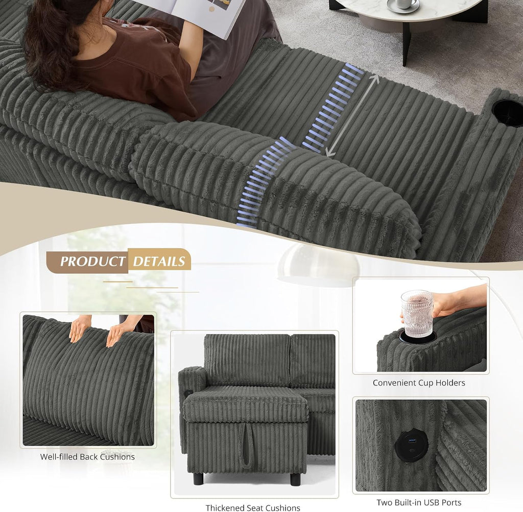 84' Corduroy Pull Out Sofa Bed w/Adjustable Backrests, Sectional L-Shape Sleeper Sofa w/Storage Chaise, Convertible Couch Bed w/USB Charging Port & Cup Holders for Living Room, House, Grey