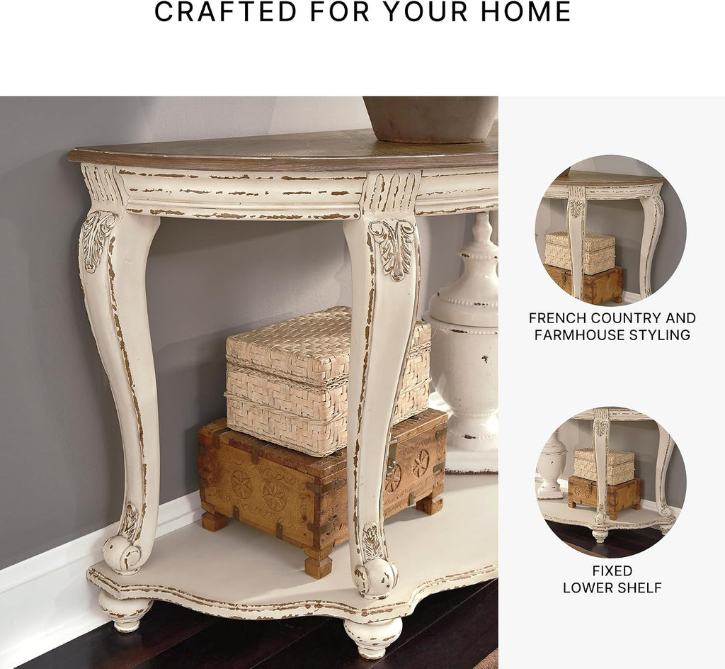 Signature Design by Ashley Realyn French Country Semi-Circle Console Table, White & Brown