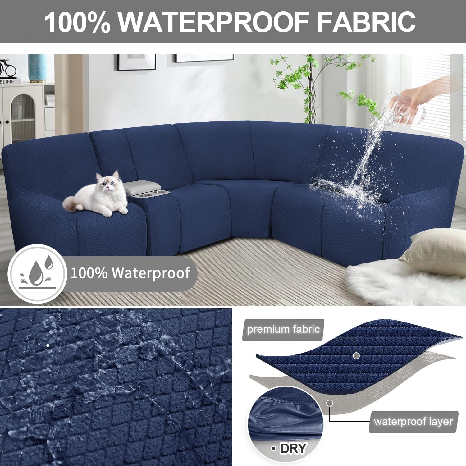 ALIECOM Waterproof Reclining Sectional Couch Covers for Reclining Sectional Stretch L Shaped Recliner Sofa Cover Washable Pet Dog Corner Sofa Slipcovers Protector (5 Seat and 1 Console, Navy Blue)