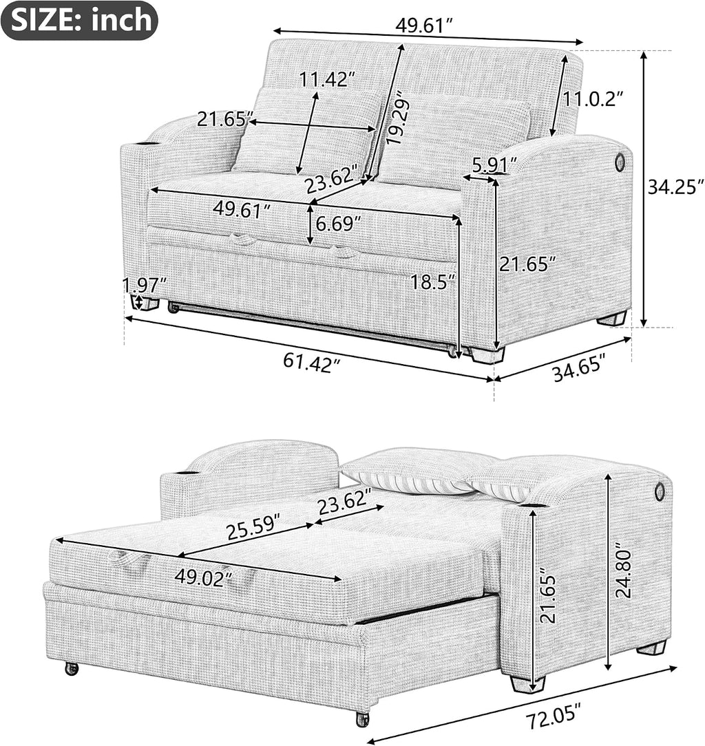 Merax 61.6' Pull Out Sleeper Sofa Bed, Modern Chenille Convertible Loveseat Sofa with Adjsutable Backrest, 2 Pillows, Cup Holders, USB Ports for Living Room, Apartment, White+Gray