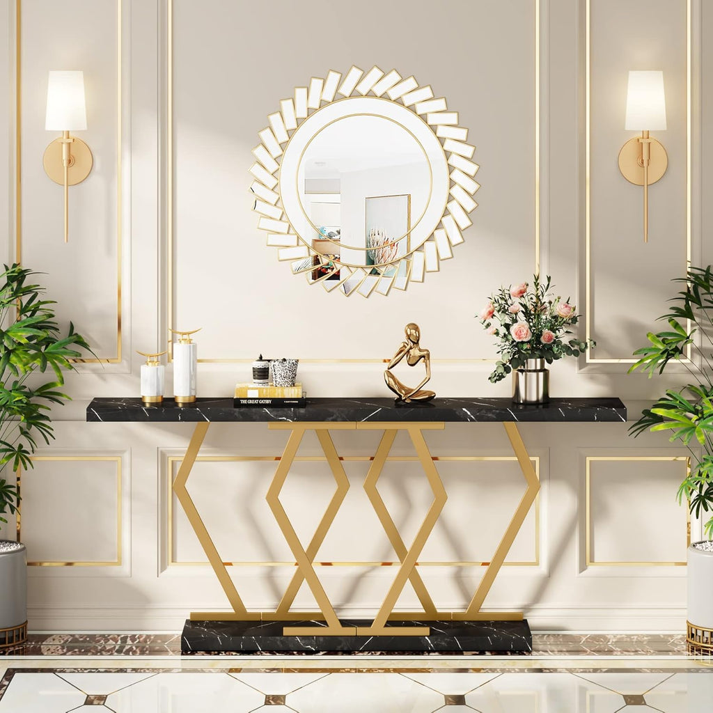 Tribesigns 70.9 Inch Extra Long Sofa Table，Black and Gold Console Table with Faux Marble Tabletop, Modern Long Entryway Table with Gold Frame