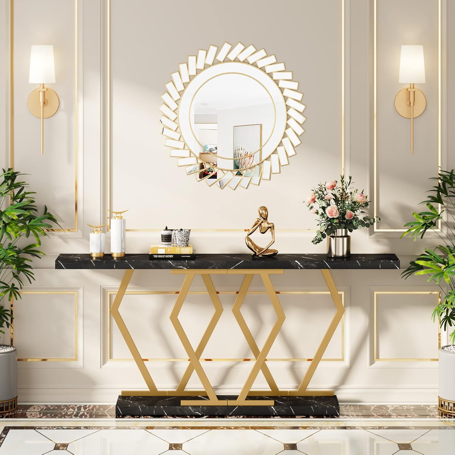 Tribesigns 70.9 Inch Extra Long Sofa Table，Black and Gold Console Table with Faux Marble Tabletop, Modern Long Entryway Table with Gold Frame