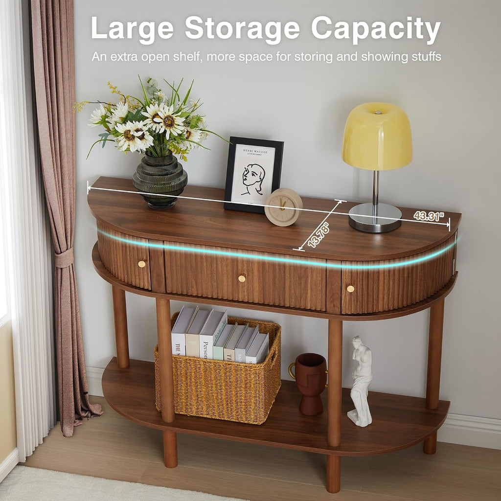XUZENEST 43.3' Fluted Half Moon Console Table, Modern Entryway Console Sofa Table with Storage, Narrow Wood Accent Tables Behind Couch Tables for Living Room, Hallway, Foyer(Walnut)