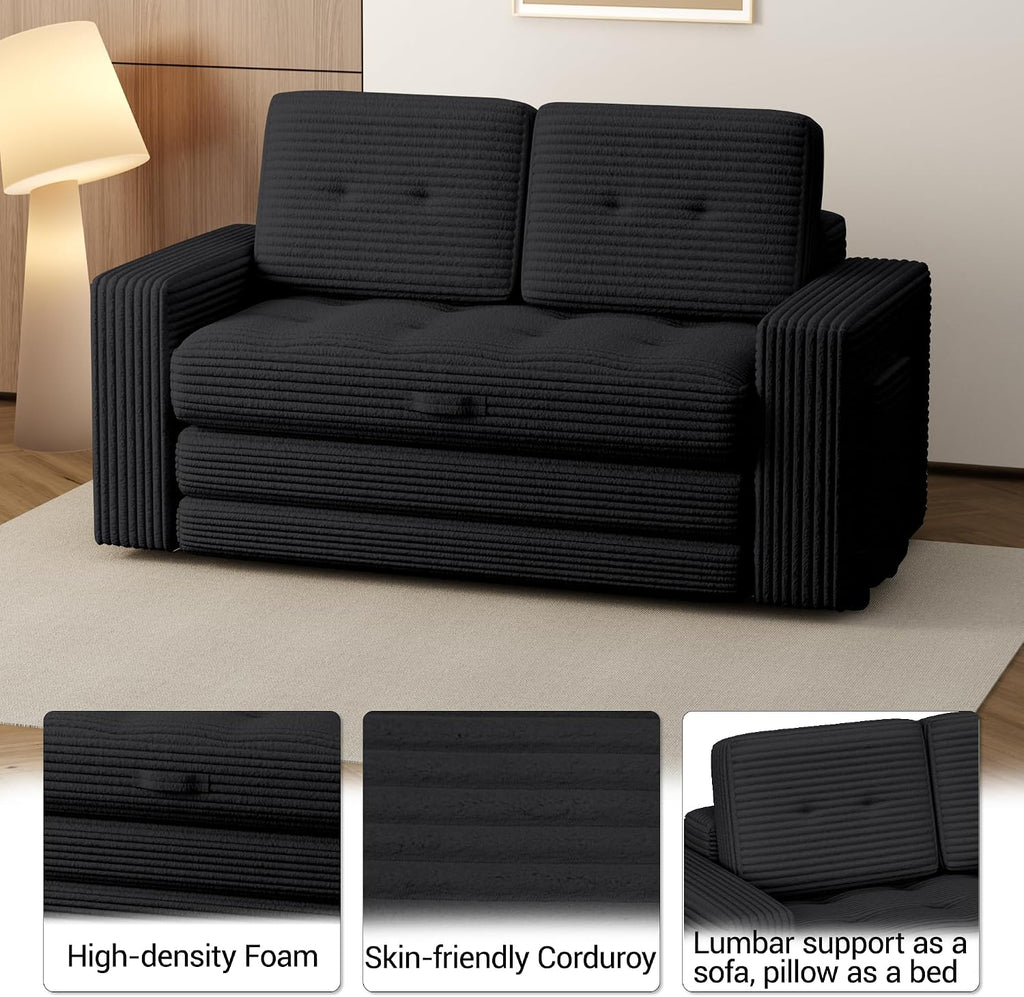 2 in 1 Convertible Sofa Bed, Pull Out Loveseat Boneless Couch, Sleeper Sofabed, Folding Couch Bed with Pillow for Living Room Bedroom, Black | Pull Out Loveseat, Boneless Couch, Sleeper Sofabed, Folding Couch Bed, With Pillow, Living Room Bedroom