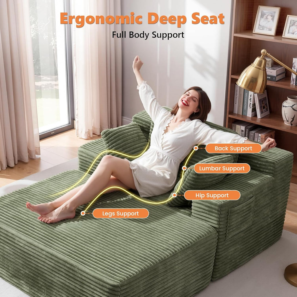 67' Oversized Chaise Lounge Chair Indoor with Ottoman and Double Side Pockets, Corduroy Deep Seat Couch, Boneless Couches for Living Room, No Assembly, Green