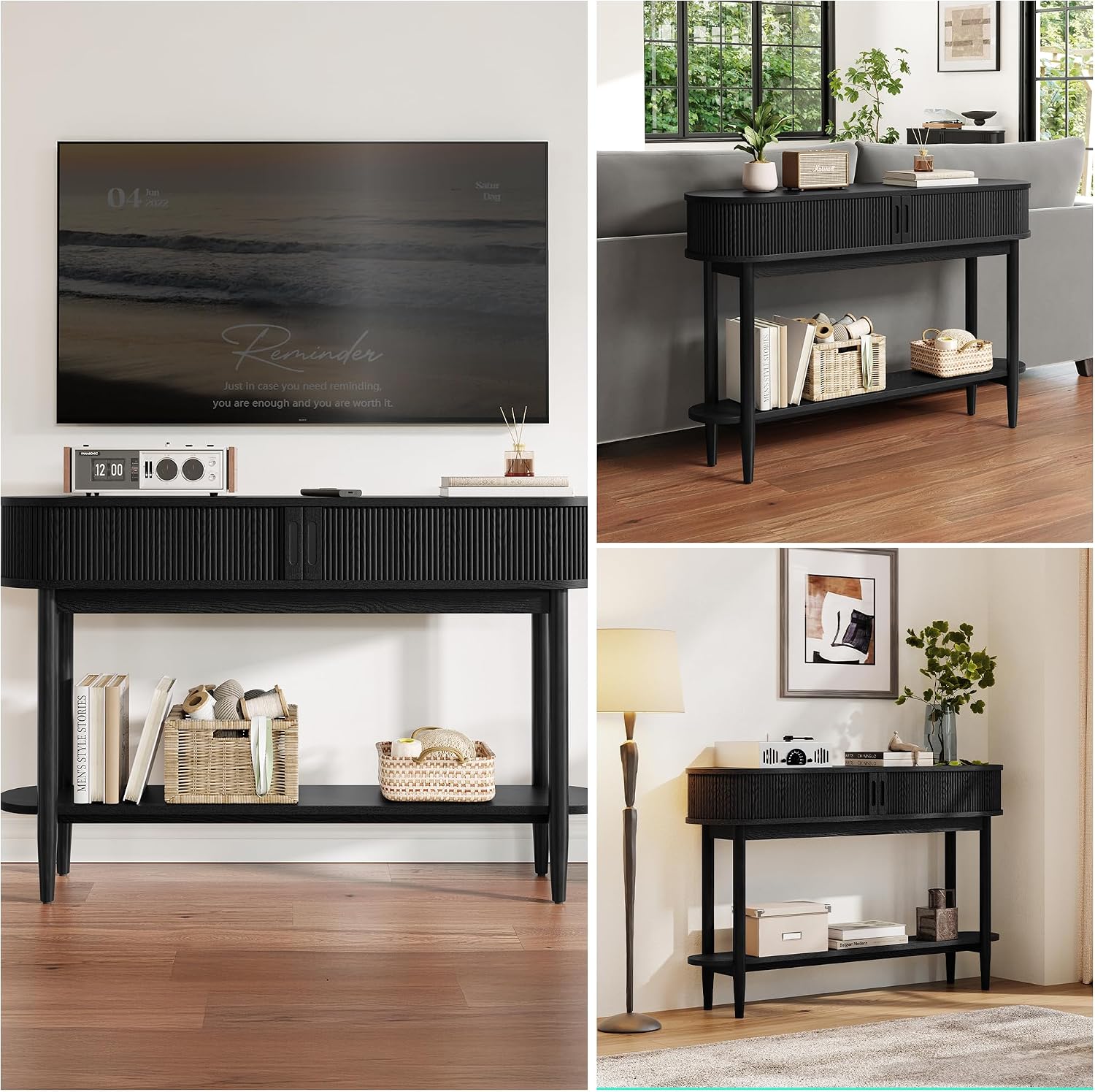 LINSY Fluted Console Table with Storage, Entryway Table Wood Entrance Tables for Front Door, Behind Couch Sofa Table with Shelves, Foyer Tables for Hallways, Living Room (Black)