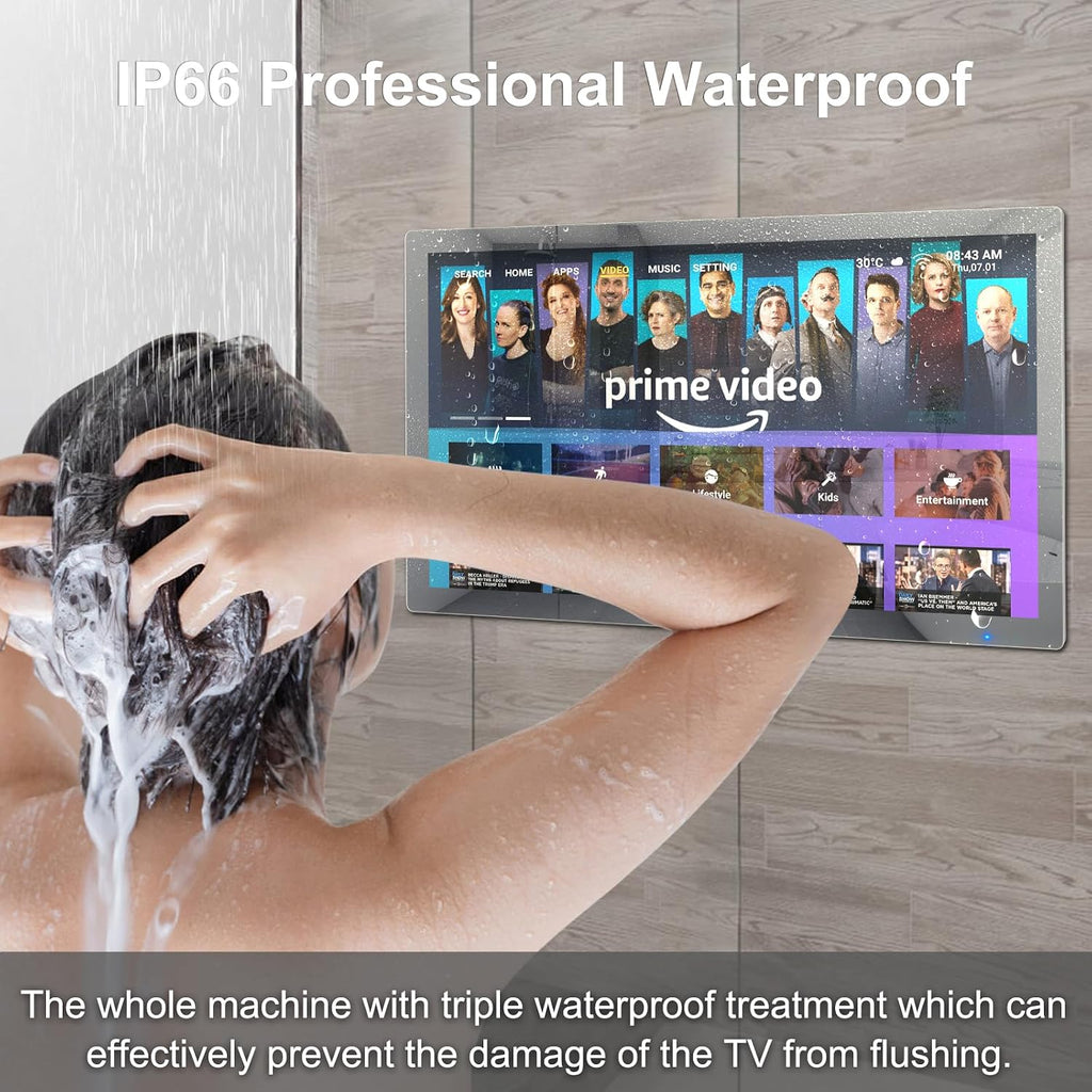 Haocrown 32' 4K Ultra HD Smart Bathroom Mirror TV, IP66 Waterproof, Android 13 System with Voice Remote,ATSC Tuner, 500 cd/㎡ High Brightness (Black Frame, 2025 Model)