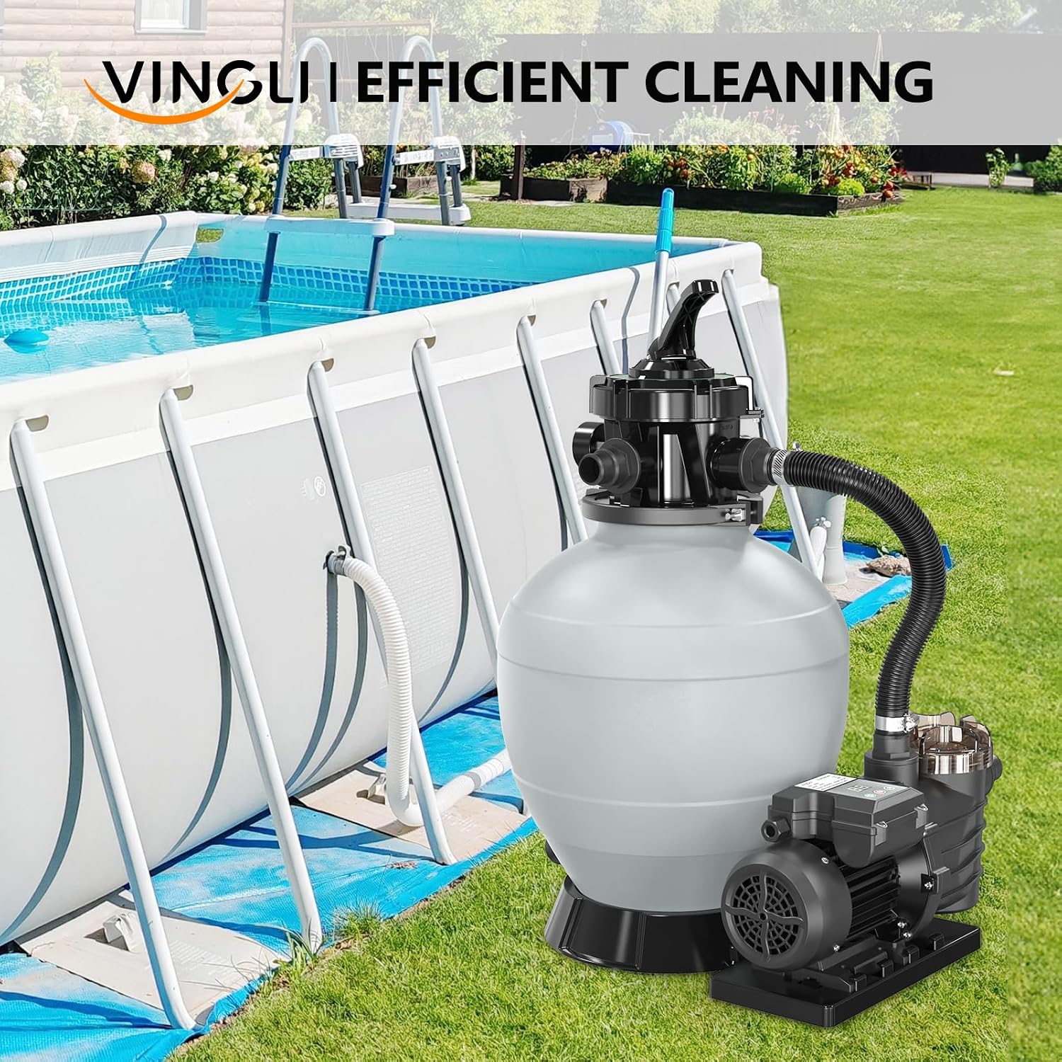 VINGLI (24H Timer) 14 in Sand Filter Pump with Filter Balls, 2087 GPH 3/4 HP Powerful Pool Filter Pump with 7-Way Valve for Above Ground Swimming Pools Up to 10500 Gallons