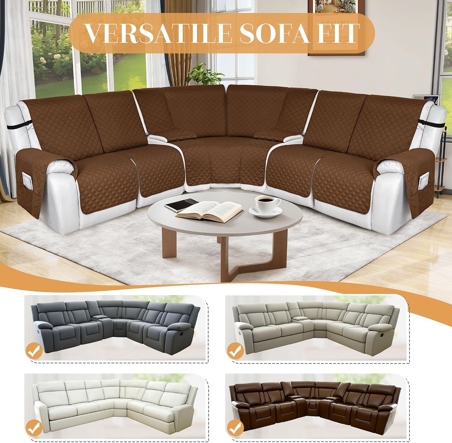 HDCAXKJ 100% Waterproof Reclining Sectional Couch Covers L Shape Recliner Sofa Cover Washable Quilted Soft Pet Dog Corner Recliner Slipcovers with Pockets (5 Seat and 2 Middle Console, Chocolate)