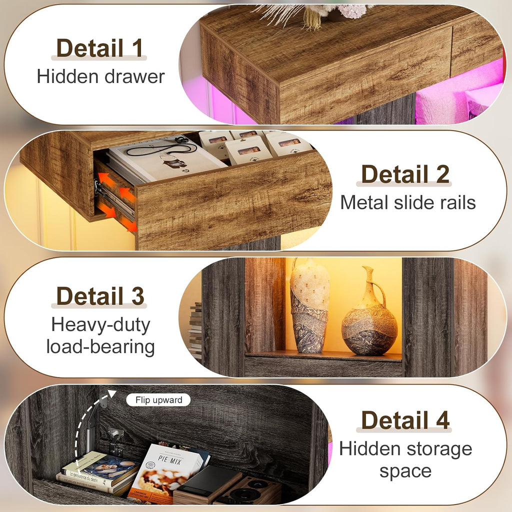 PAKASEPT 63 Inches Long Console Table with Hidden Safe, Colorful LED Lights and 3 Drawers, Farmhouse 2-Tier Entryway Table with Hidden Compartment for Gun Storage for Hallway, Living Room