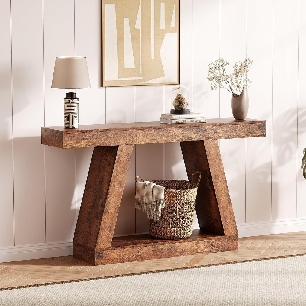 55 Inches Console Table, Sofa Table Behind Couch, 2-Tier Wooden Entry Tables for Entryway Foyer Hallway, Industrial Console Tables with Open Storage Shelf for Living Room