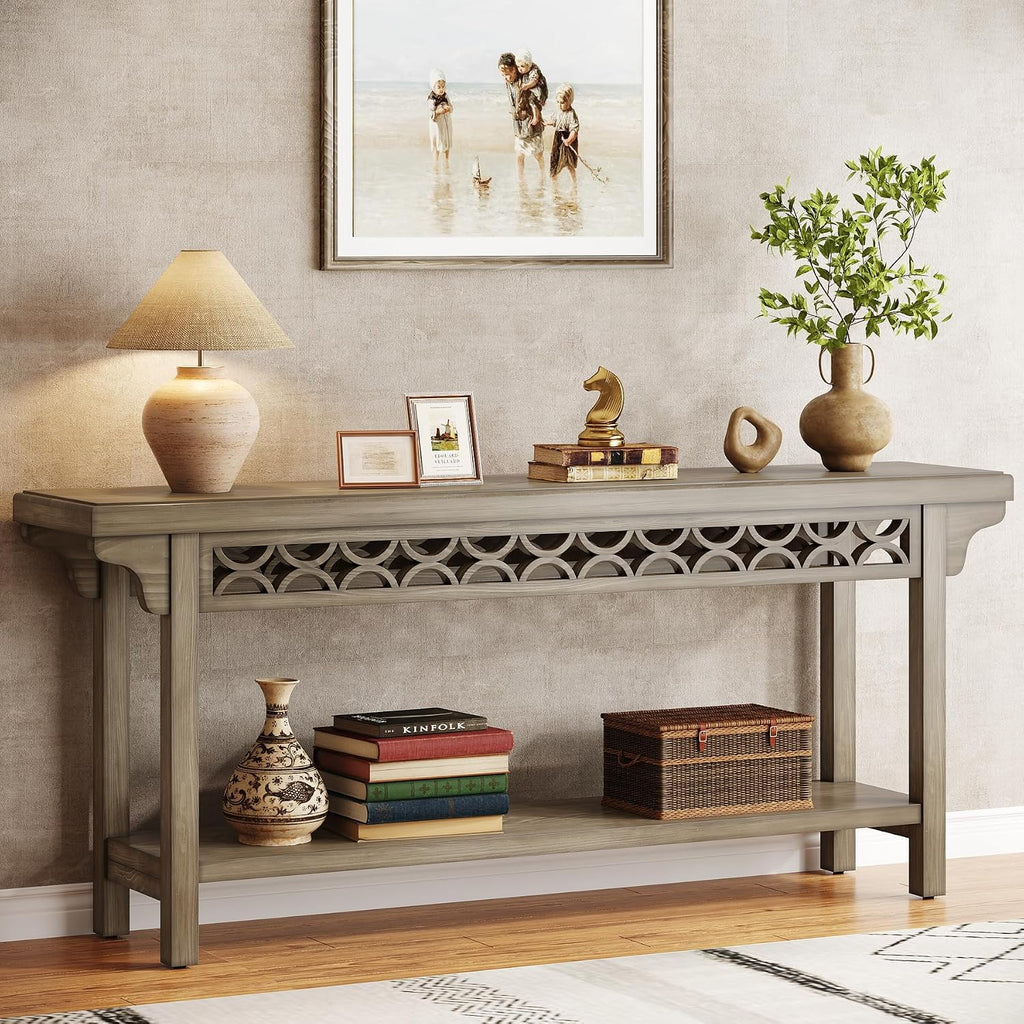 Tribesigns 70.8-Inch Solid Wood Long Console Table, Farmhouse Entryway Table with Storage, Narrow Sofa Table Grey Couch Table for Living Room Entryway Hallway (Gray)
