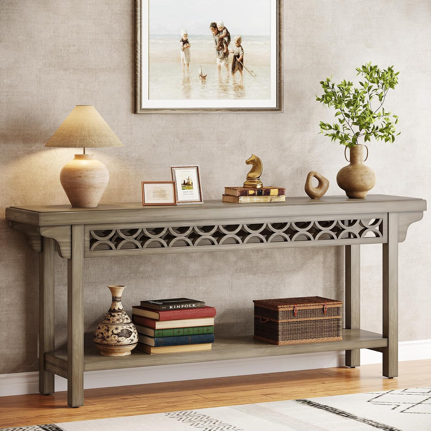 Tribesigns 70.8-Inch Solid Wood Long Console Table, Farmhouse Entryway Table with Storage, Narrow Sofa Table Grey Couch Table for Living Room Entryway Hallway (Gray)