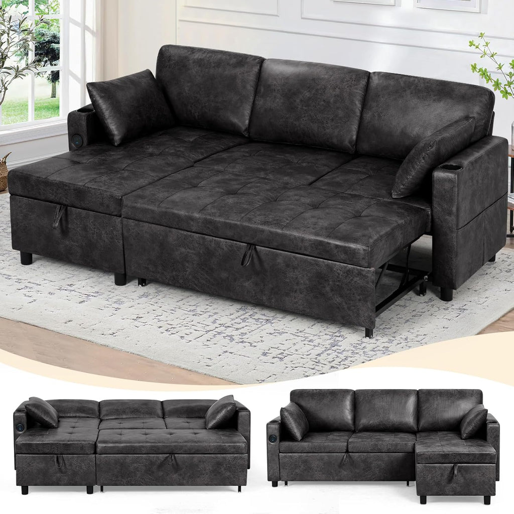 84' Suede Leather Pull Out Sofa Bed w/Adjustable Backrest, Sectional Sleeper Couch w/Storage Chaises and Armrest Pillows, U-Shape Sofa Bed w/USB Port for Living Room, House, Black