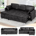 84' Suede Leather Pull Out Sofa Bed w/Adjustable Backrest, Sectional Sleeper Couch w/Storage Chaises and Armrest Pillows, U-Shape Sofa Bed w/USB Port for Living Room, House, Black