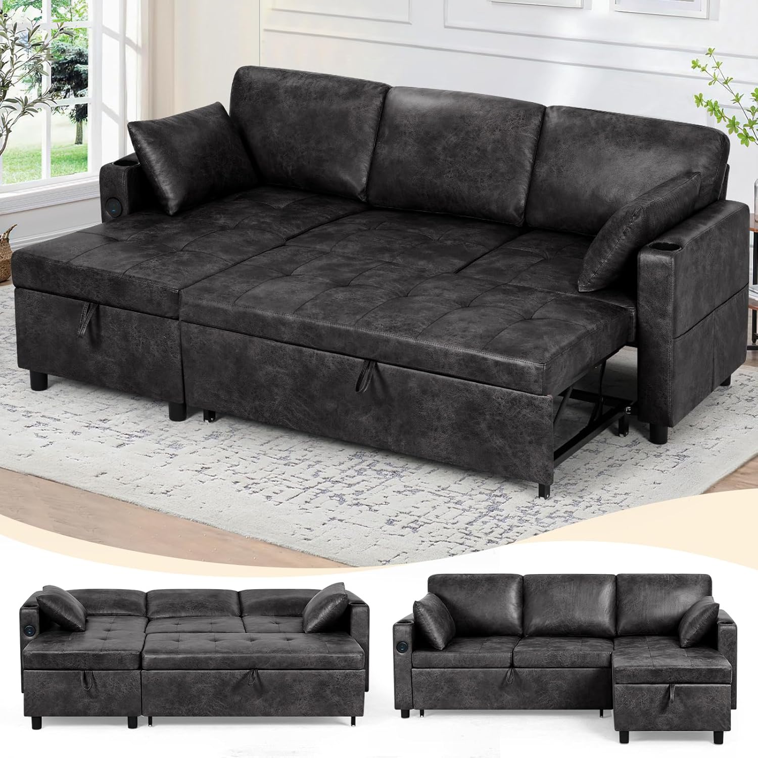 84' Suede Leather Pull Out Sofa Bed w/Adjustable Backrest, Sectional Sleeper Couch w/Storage Chaises and Armrest Pillows, U-Shape Sofa Bed w/USB Port for Living Room, House, Black