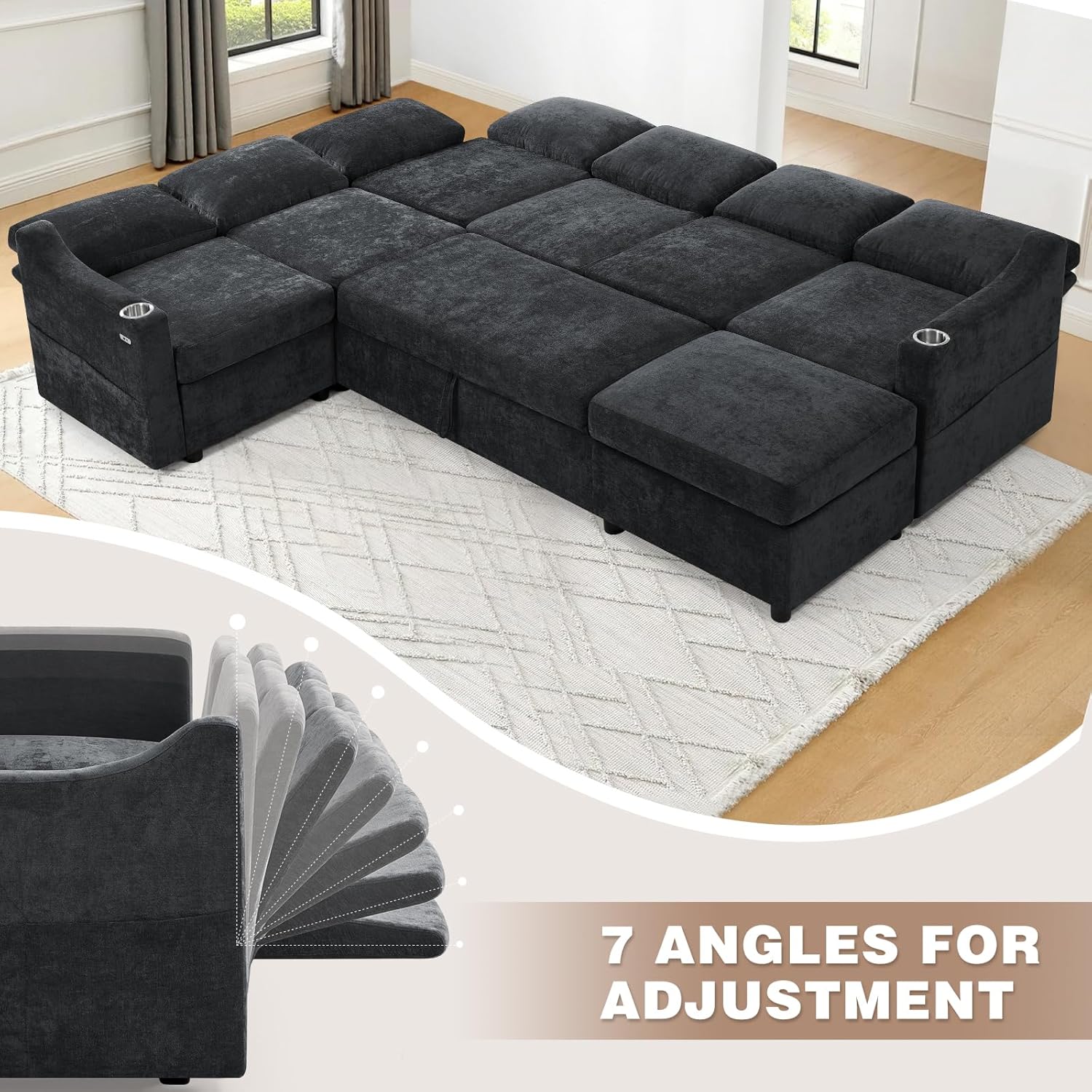 116' Chenille Modular Sofa Bed w/Adjustable Backrests, U-Shape Sleeper Sofa w/USB Ports & Storage Space, Convertible Corner Sectional Couch w/Pull Out Bed for House, Living Room, Black