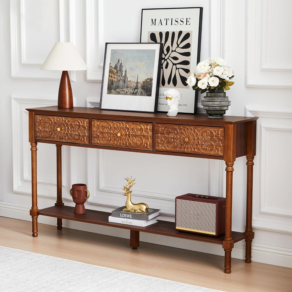 weselon 55.5' Carved Console Table with 3 Drawers, 2-Tier Sofa Table with Glossy Floral Surface and Solid Wood Legs, Mid-Century Modern Entryway Table for Living Room Hallway (Walnut)