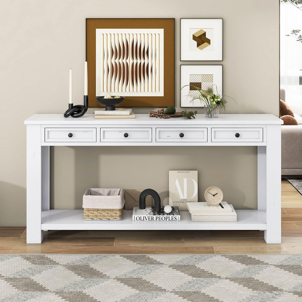 GDFStudio Farmhouse Console Table with 4 Drawer 63' Long Rustic Entryway Table with Open Storage Shelves Vintage Metal Handle Narrow Foyer Sofa Tables for Living Room Entryway Hallway, Antique White