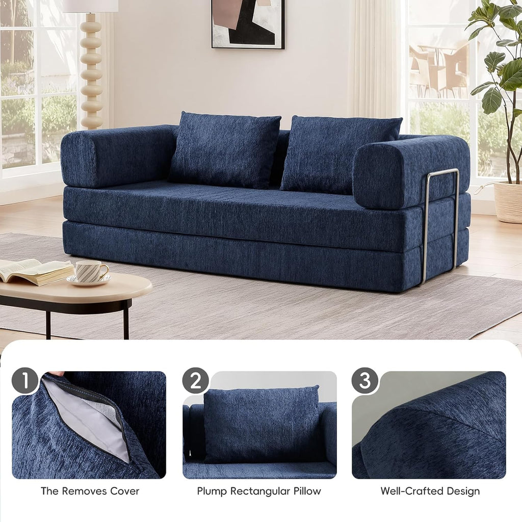 5-in-1 Convertible Folding Sofa Bed, 79' Queen Chenille Boneless Couch with Removable Armrests, No Assembly Loveseat Sleeper Sofa, Modular Futon Couch for Living Room & Bedroom (Blue)