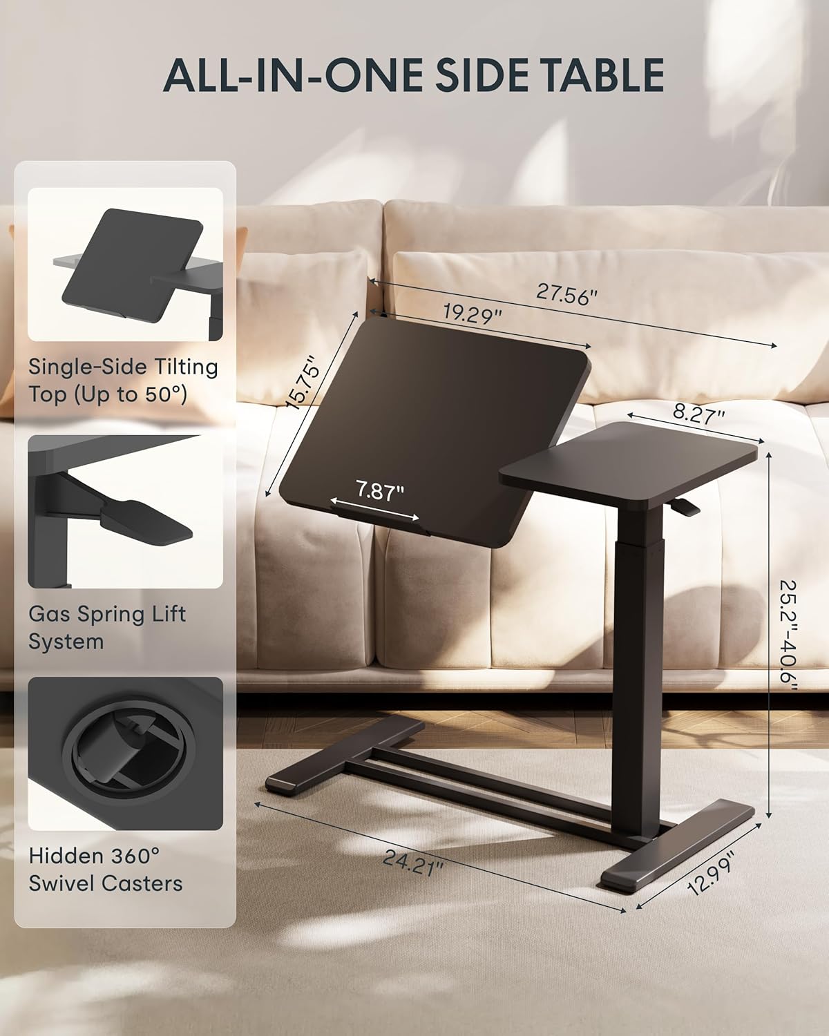 FLEXISPOT Adjustable Height C-Shaped End Table with Single-Side Tilting Top, Mobile Side Table for Sofa & Bedside, Slides Under Furniture, Hidden Wheels for Small Spaces, 27.6' W x 15.7' D, Black