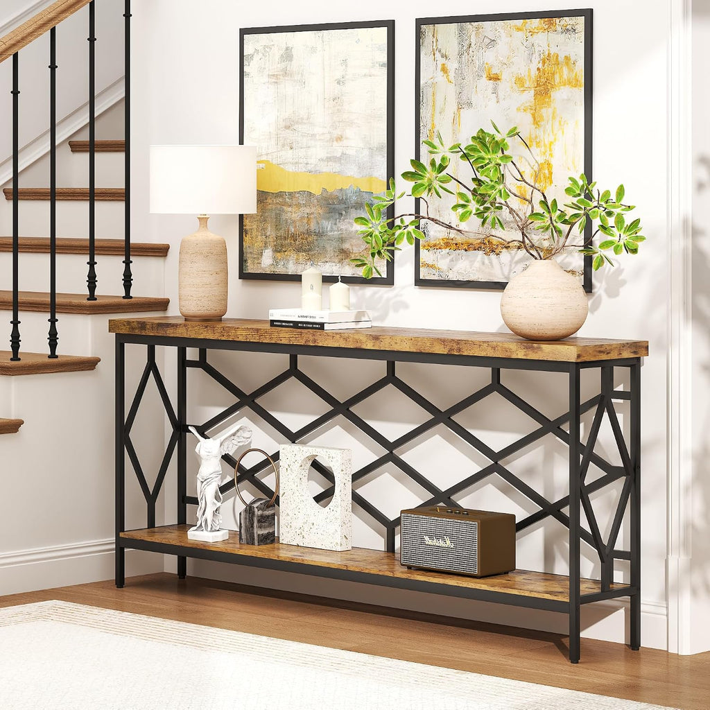 karlott 71' Extra Long Entryway Table, Narrow Console Table, Industrial Sofa Behind Couch Table with Open Storage Shelf, Hallway Table for Entryway, Living Room, Foyer, Entrance, Unique Design, Brown