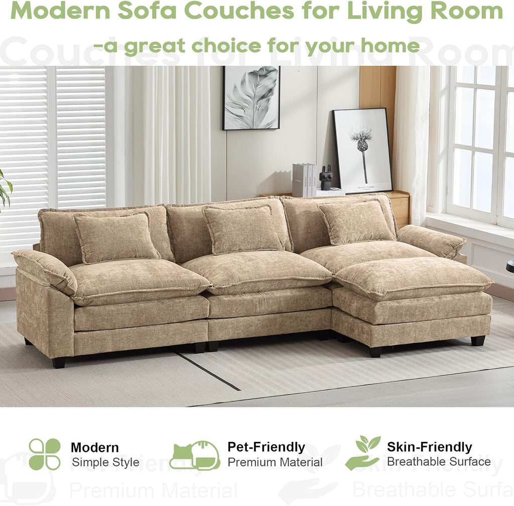 Oprisen 120' Modular Sectional Sofa, Comfy Cloud Couch Sectional Sofa with Ottoman, Chenille Sofa Sleeper Deep Seat Sofa with Throw Pillows for Living Room (Khaki, 120'- L Shape)