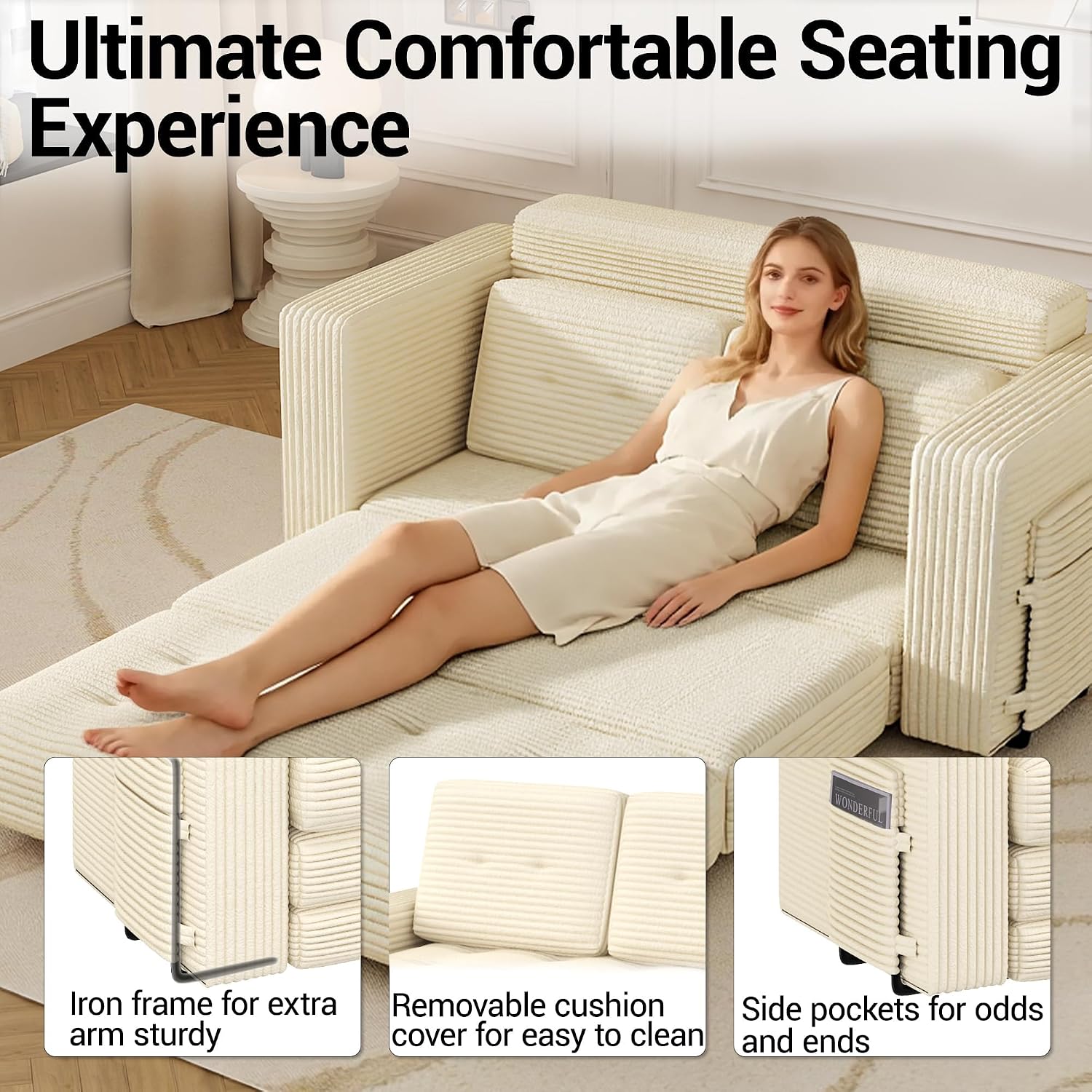 2 in 1 Convertible Sofa Bed, Pull Out Loveseat Boneless Couch, Sleeper Sofabed, Folding Couch Bed with Pillow for Living Room Bedroom, Beige (Slightly Yellow)