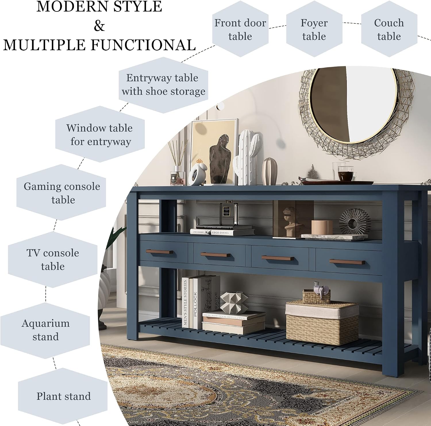 LKTART Console Table for Entryway with 4 Drawers,61.5'' Long Sofa Table with 3-Tier Open Shelves,Entry Table for Hallway,Foyer,Living Room,Navy Blue