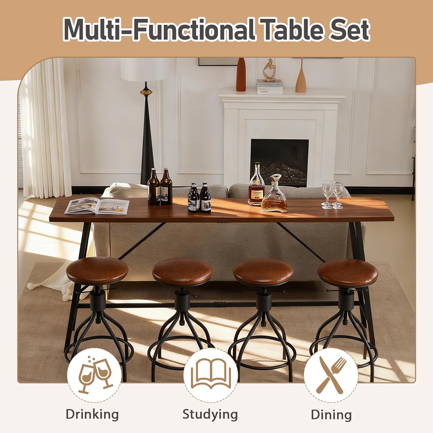 Karl home 83.8' Bar Table and Chairs Set, Sofa Table with 4 PU Stools, High Top Counter Height Table with Chairs for Kitchen Breakfast, Bistro, Dining Room, Living Room, Brown