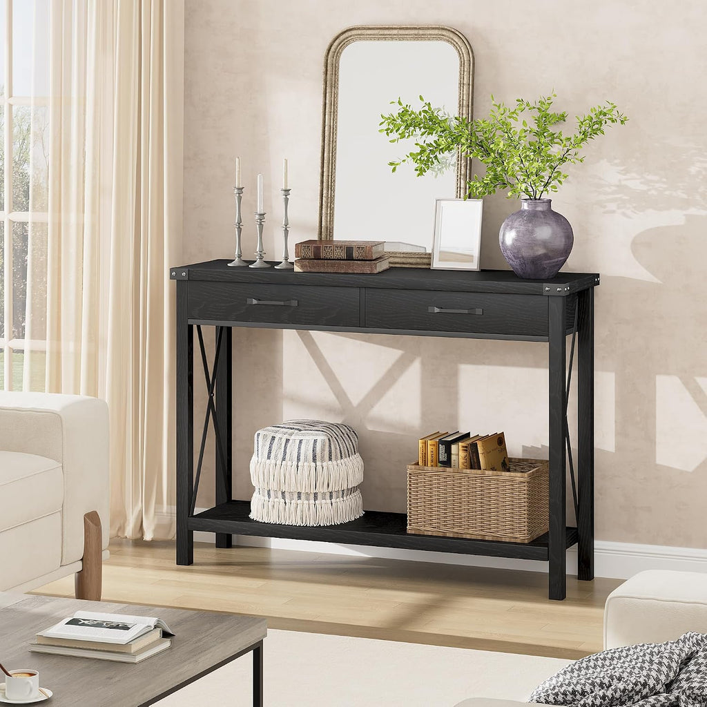 IDEALHOUSE Console Table with 2 Drawers, Farmhouse Sofa Table with Storage Shelf, Accent Wood Entryway Table for Living Room, Hallway, Foyer-Black, 43D x 12W x 30H in (WCT001)