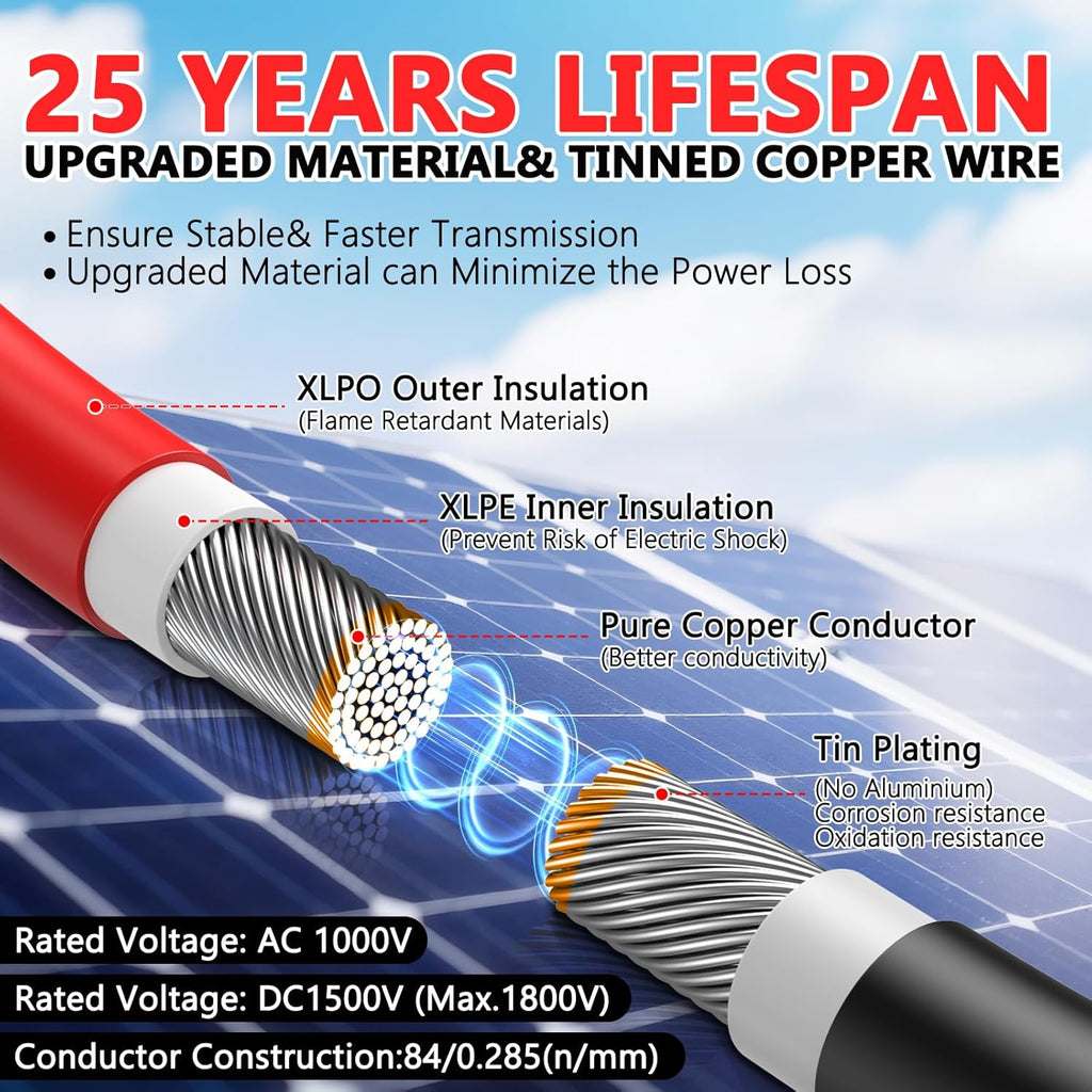 Vansdon 2x100 Feet Solar Panel Extension Cable, 10AWG Solar Cable with Female and Male Waterproof Connectors for RV, Photovoltaic Systems (100FT Red + 100FT Black)