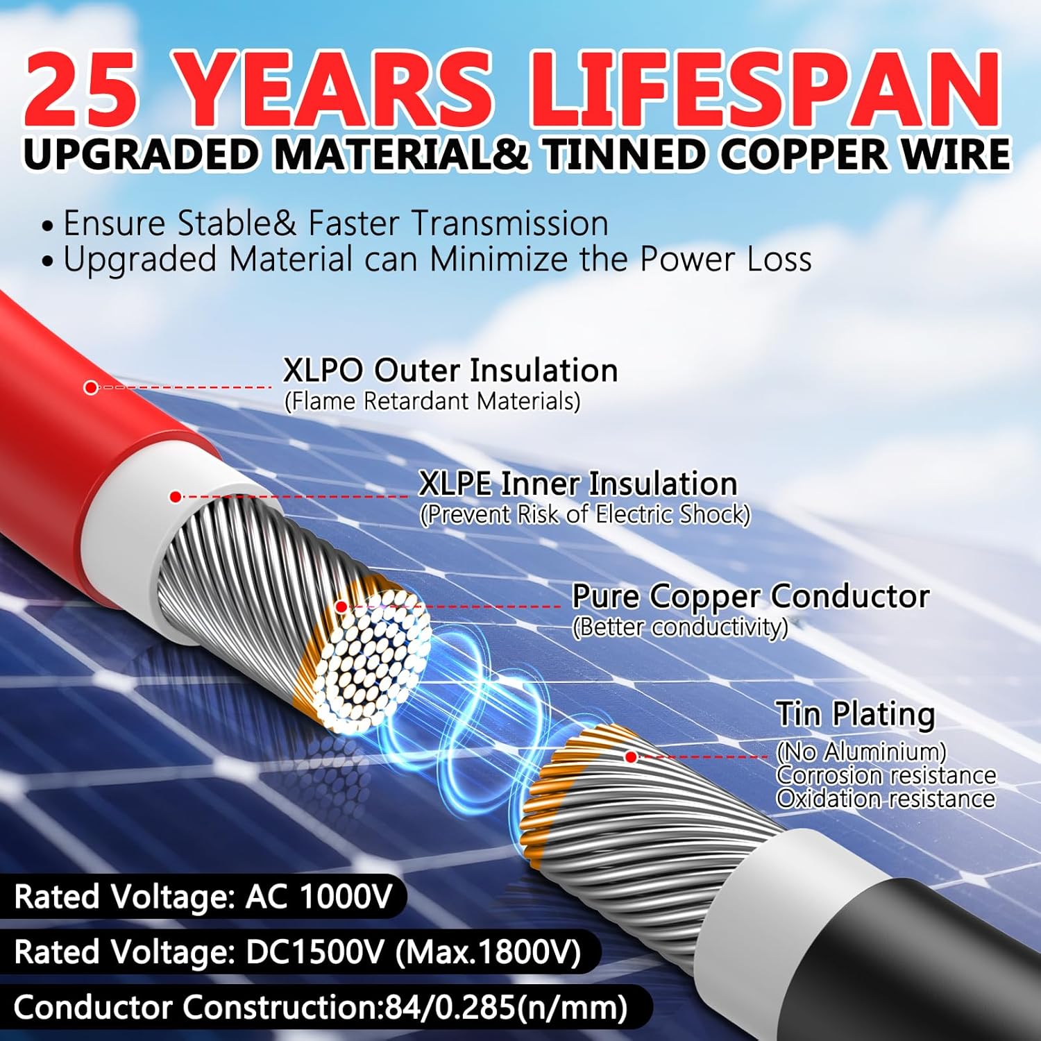Vansdon 2x100 Feet Solar Panel Extension Cable, 10AWG Solar Cable with Female and Male Waterproof Connectors for RV, Photovoltaic Systems (100FT Red + 100FT Black)
