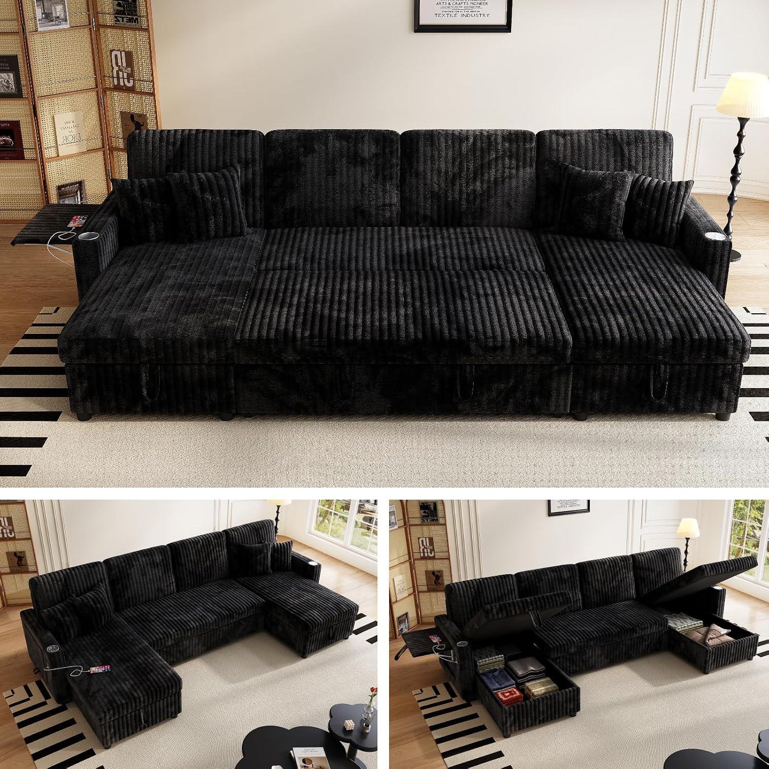 Sleeper Sectional Sofa, 110' Modern U Shaped Couch with Pull Out Bed, Convertible Corduroy Cloud Sofa with Double Storage Chaise, USB, Small Desktop, Comfy Modular Couch for Living Room, Black