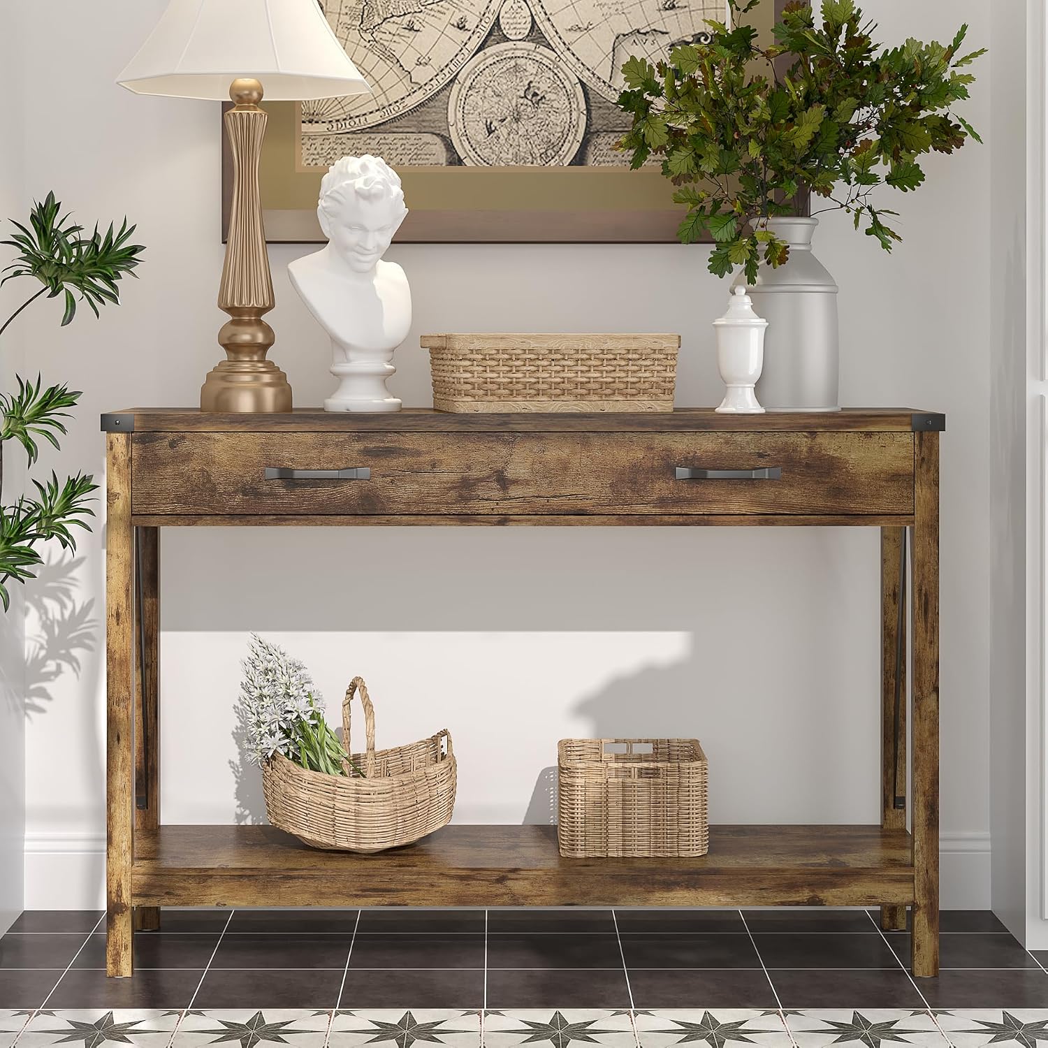 ChooChoo 47'' Farmhouse Console Table with Drawer, Entryway Table with Storage Shelf, Rustic A-Design Sofa Table for Hallway, Entrance, Living Room, Rustic Brown